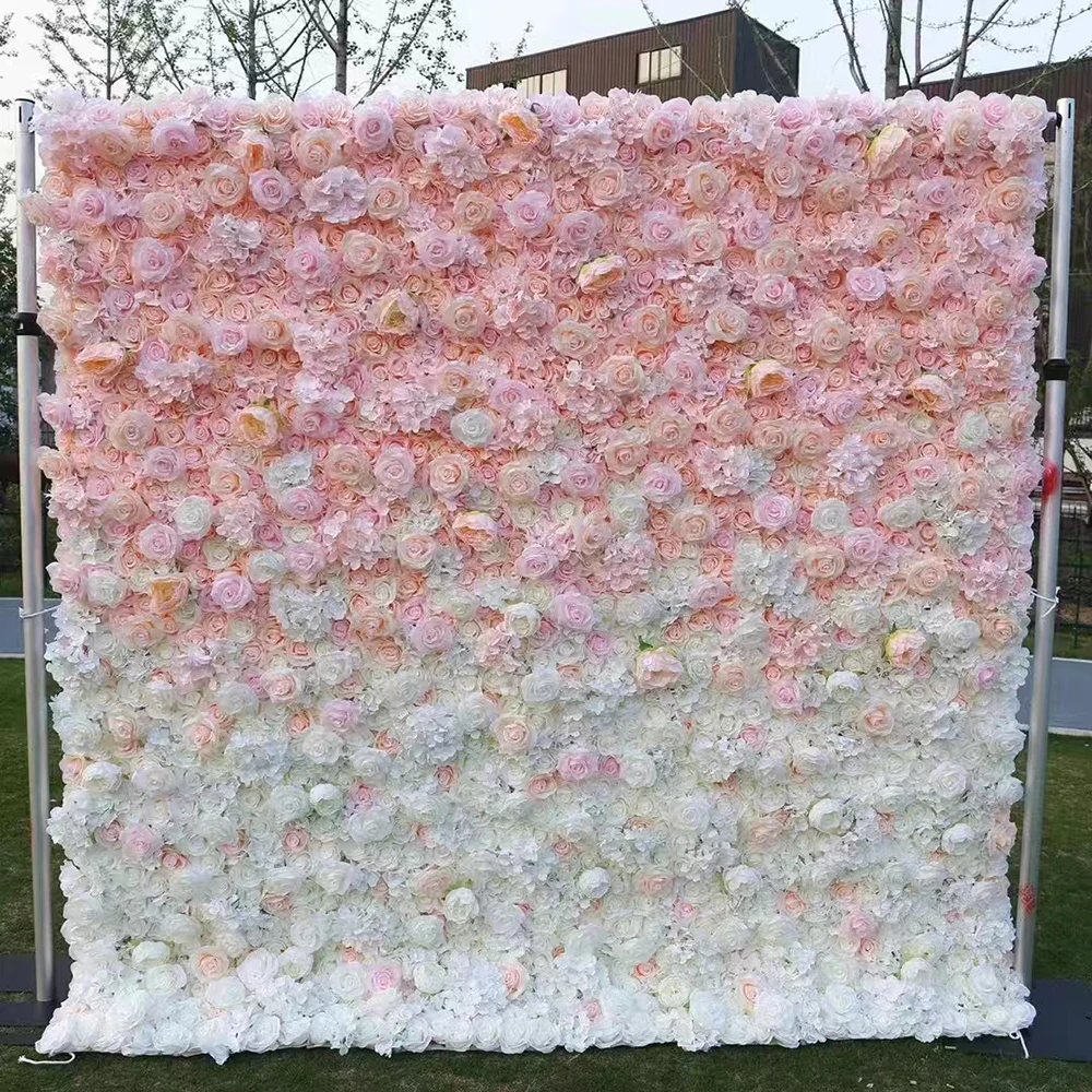 

Artificial Gradient color Silk Rose Party Decor 8tf x 8tf Wedding Flowers Panels Wall for Photo Backdrop