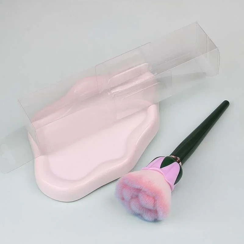Brocha de maquillaje de madera para base en polvo suelto, colorete, manicura, arte de uñas, cepillo para polvo, flores rosas, herramientas de maquillaje de belleza, accesorios