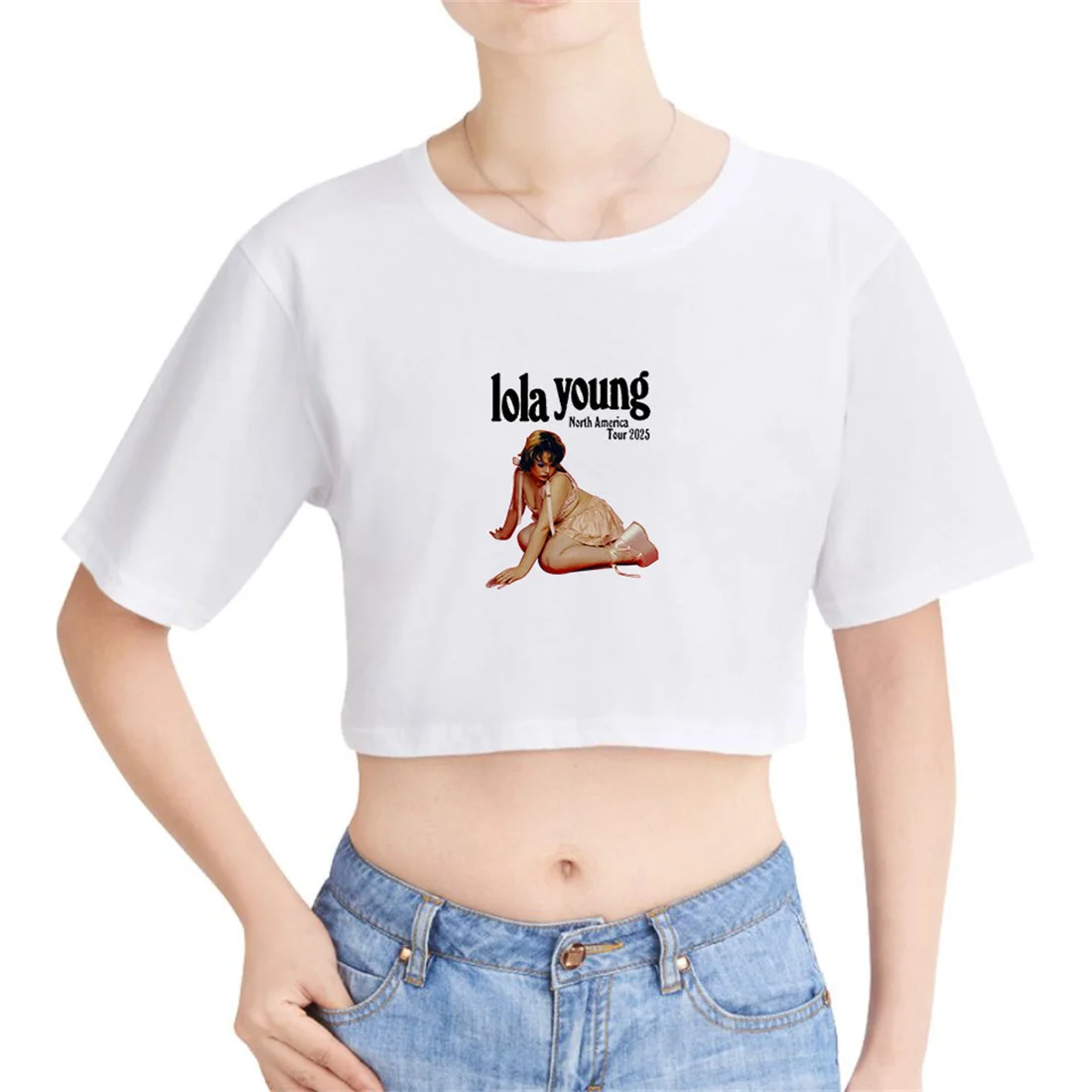 لولا يونغ 2025 جولة المرأة قصيرة المحملة عادية موضة قصيرة الأكمام فريد البلوز مضحك المحاصيل الأعلى الهيب هوب مكشوف السرة تي شيرت #4