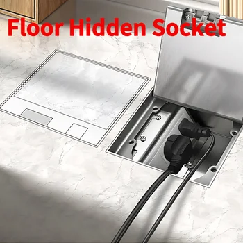 Flat floor hidden socket box,130mm x 130mm,UK ADB EU BR FR standard power,USB HDMI RJ45,embedded stainless steel for home and office