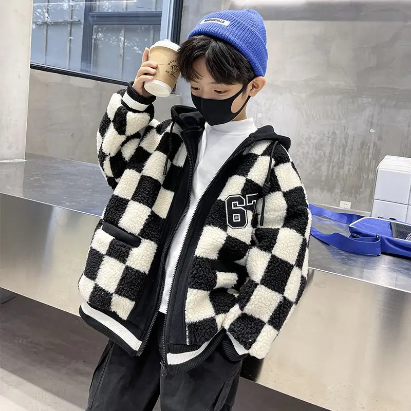 

2024 Young Boys' Lamb's Fleece Coat Hooded Black White Checkerboard Zipper Warm Plush Thickened Winter Causal Fashion 5-12 Yrs