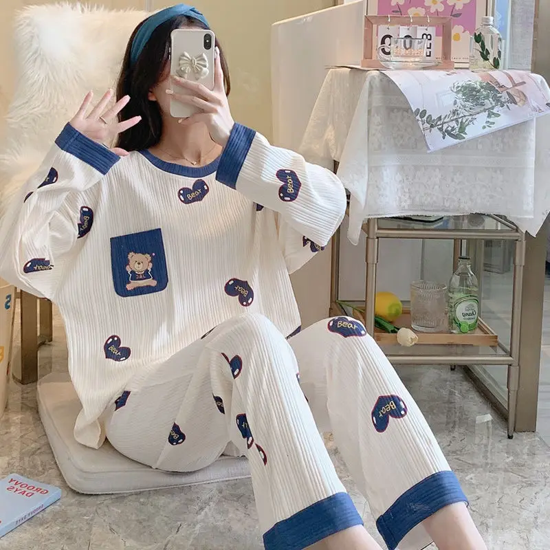 Baju tidur katun wanita, Set piyama lengan panjang, baju Pullover Kawaii musim semi, musim gugur, Set celana rumah Korea, baru