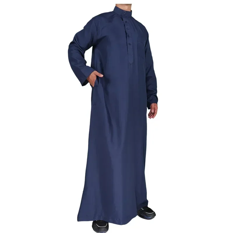 Moda musulmana de Oriente Medio para hombres, manga larga, cuello redondo árabe, Color sólido islámico, caftán Maxi, Dubái, Jubba larga, Thobe Abaya