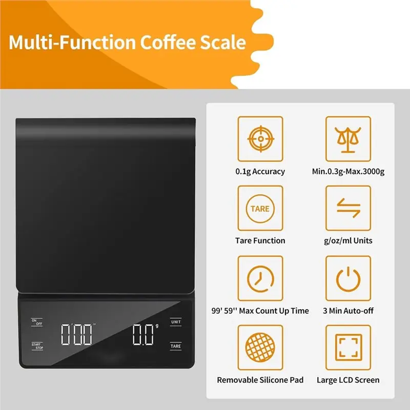 AB43-For Pour Over Maker Brew Compatible Digital Coffee Scale 3Kg/0.1G Rechargeable With Timer Tare Function For Espresso