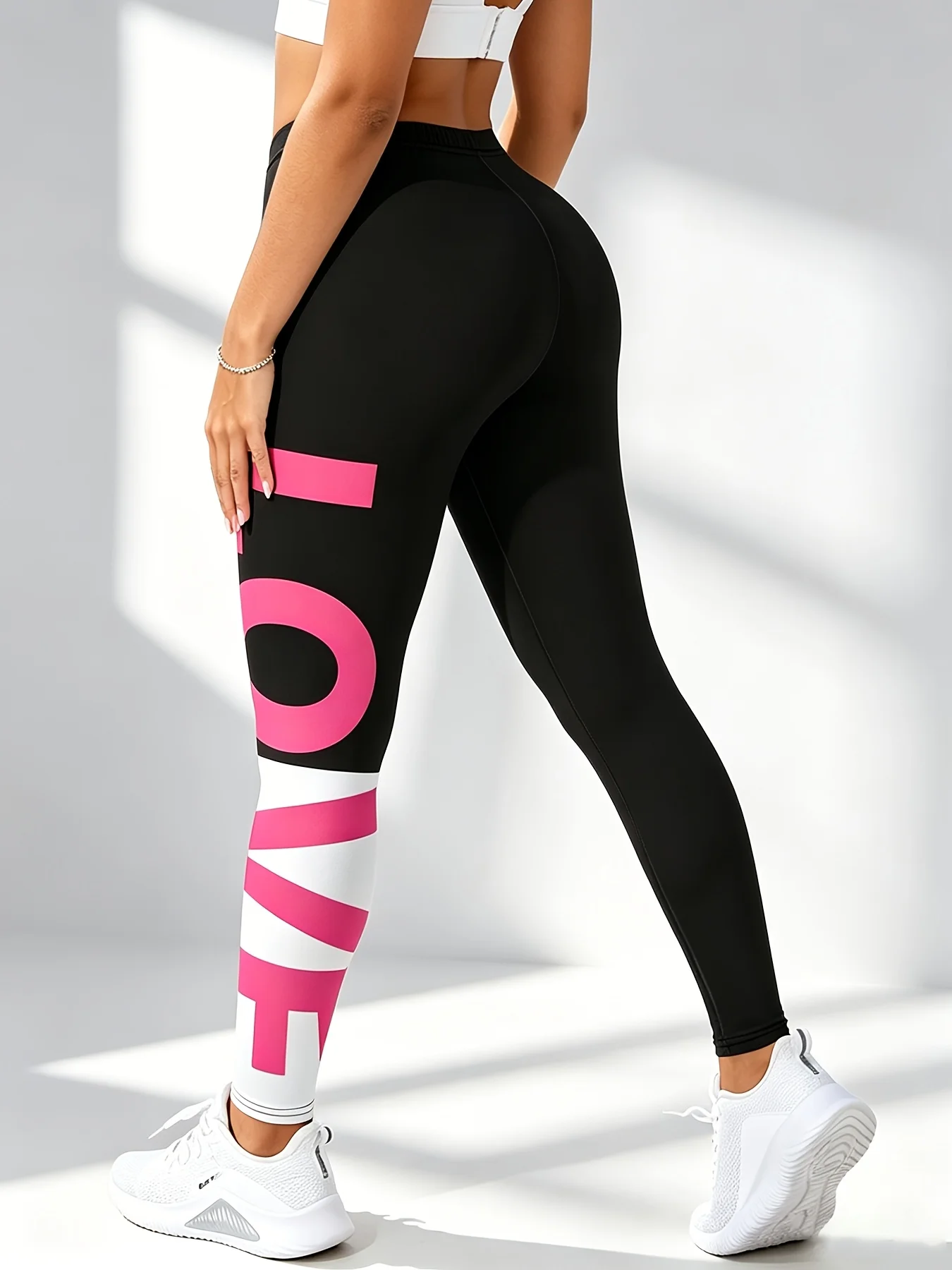 Women Color Block LOVE Letter Print Fleece Lined Leggings Mid Waist Stretch Fitness Yoga Sports Pants