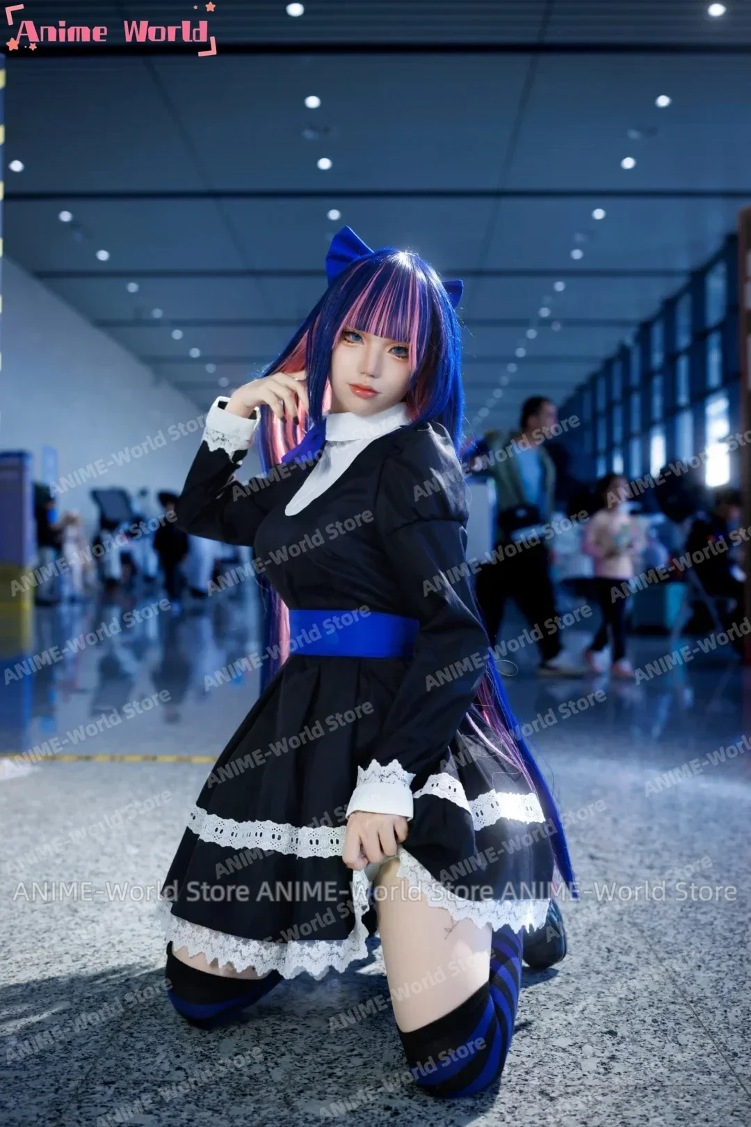 《Custom Size》Anime Panty & Stocking Garterbelt Heroine Anarchy Stocking Cosplay Black Dress Costume Stockings Wig Plush Prop view 3