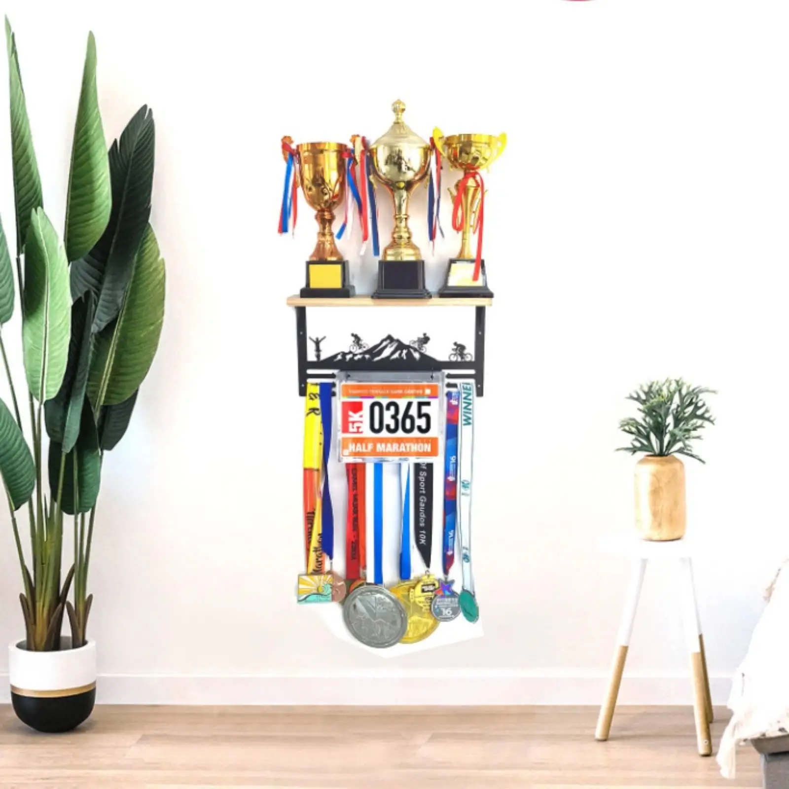 Sturdy Iron Medal Organizer Rack with Built in Wood Shelf for Triathlon Bibs and Sports Trophy Display