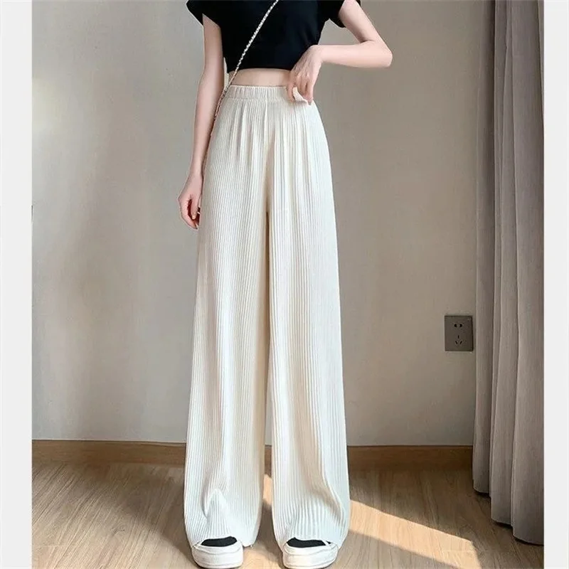 

GELITAYIN Women Ankle-Length Wide Leg Pants Casual Summer Solid Elastic Waist Loose Ice Silk Pants Spring Summer Female Trousers