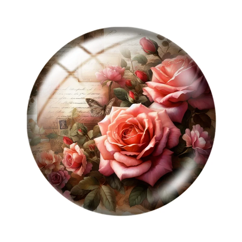 Retro Rose Butterfly 10pcs 12mm/16mm/18mm/30mm Round Photo Glass Cabochon 25mm Demo Flat Back Making findings