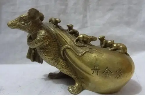 Chinese Zodiac Brass Lucky Animals Sculpture Wealth 5 Mouse Money Bag Statue