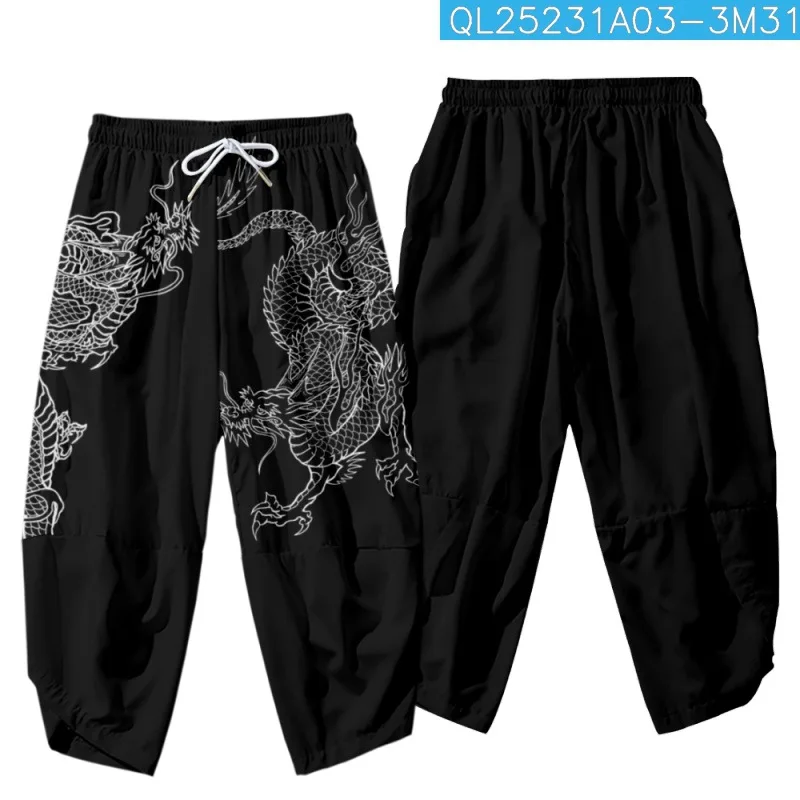 

Cartoon Chinese Dragon Printed Black Men Japanese Harem Trousers Casual Loong Elastic Waist Cropped Pants Streetwear