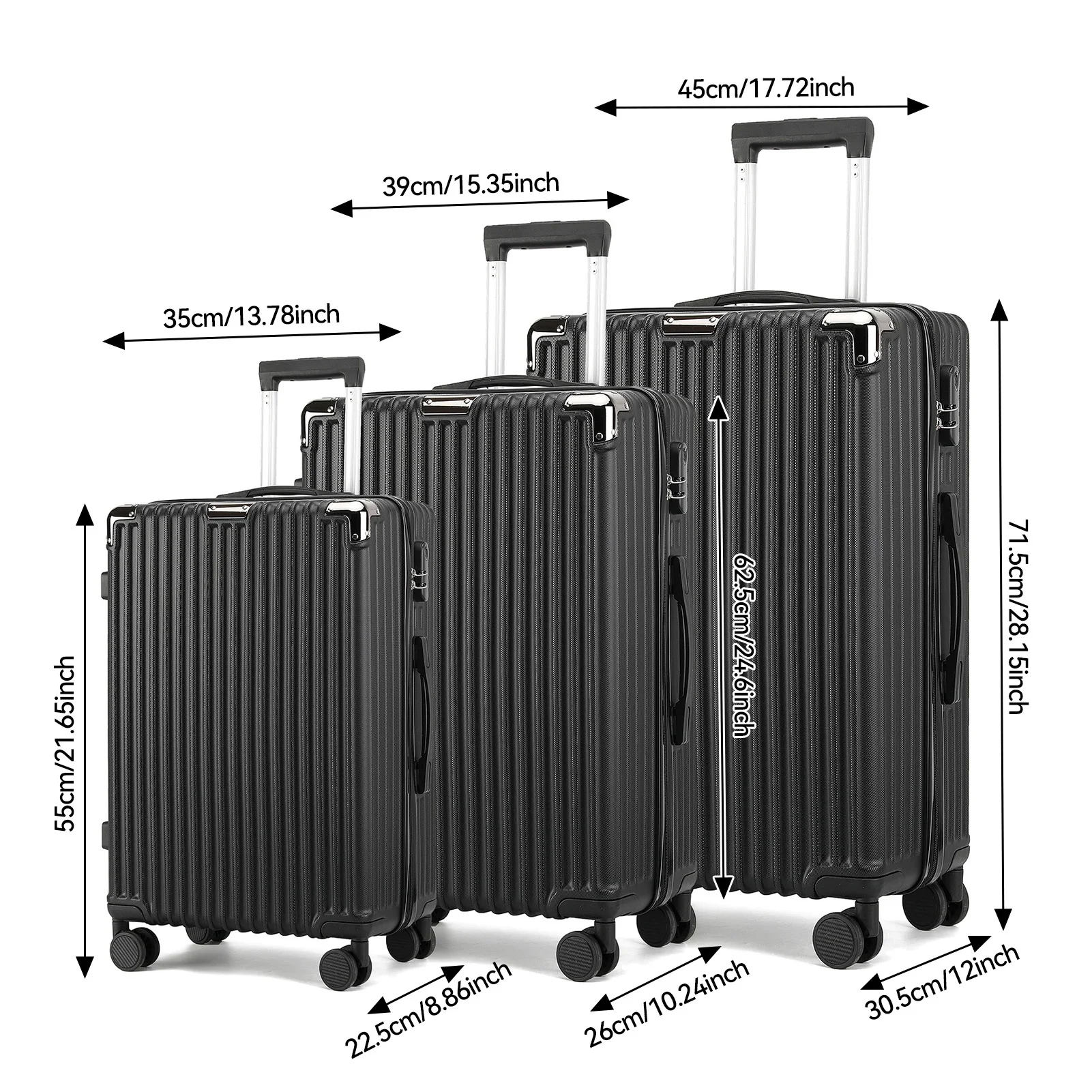 Black Luggage 3pcs/set,Hard Shell Trolley Luggage Made of Lightweight ABS,Travel Luggage Case with 4-Wheels and Lock,28/24/20in