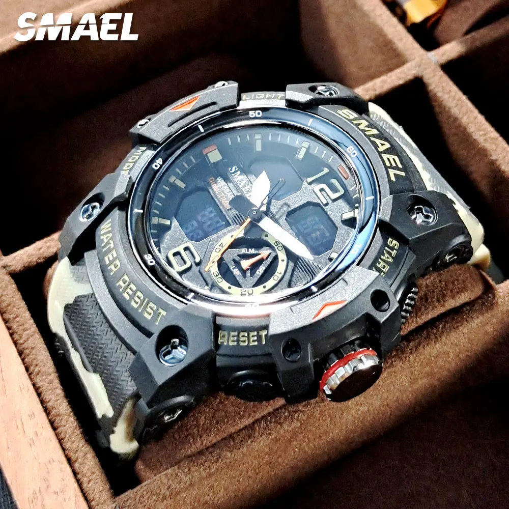 SMAEL Dual Time Display Digital Quartz Watch Men Waterproof Sport Wristwatch with Chronograph Camouflage Khaki Strap Date 8007