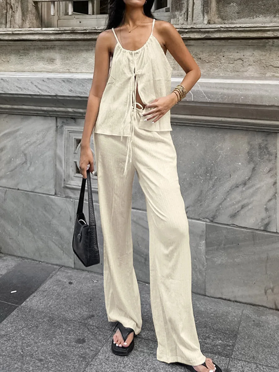 

2026 New Women Two Piece Set Women's Matching Sets Spaghetti Strap Tie Front Crop Top High Waist Wide Leg Pants Beach Outfits