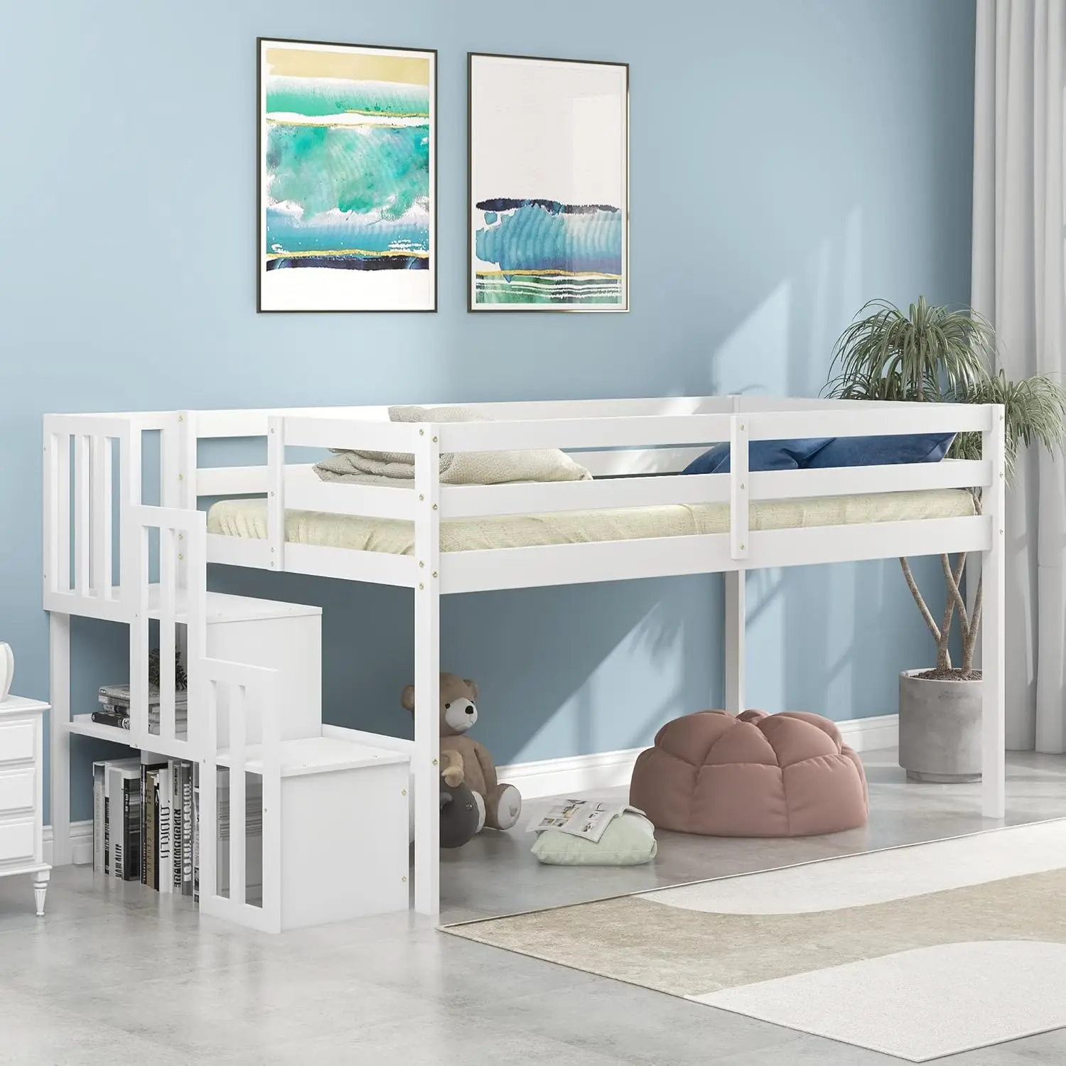 

Low Loft Bed with Stairs Twin Loft Bed with Storage Wood Bed Frame for Kids Teens Girls Boys, White Warm home
