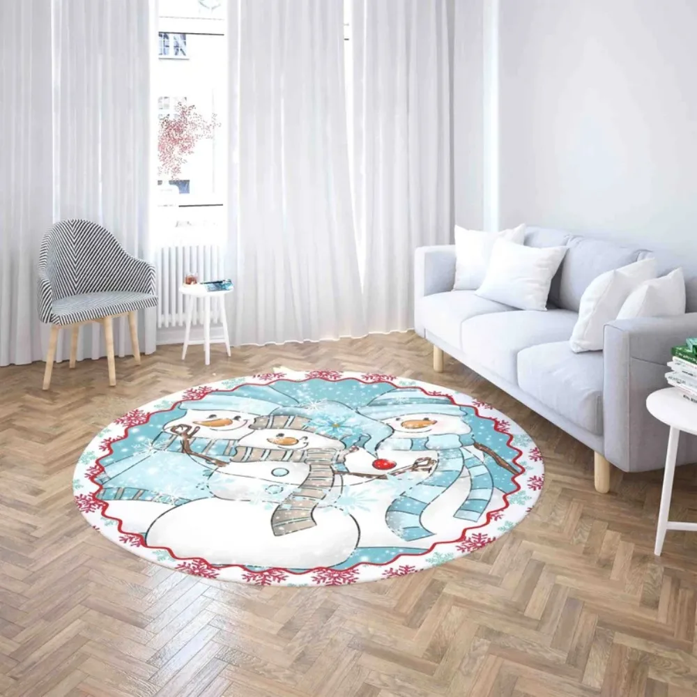 Christmas Round Carpet with Snowman, Santa Sleigh & Elf Tree – Merry Bright Holiday Rug for Living Room, Festive Home Decor