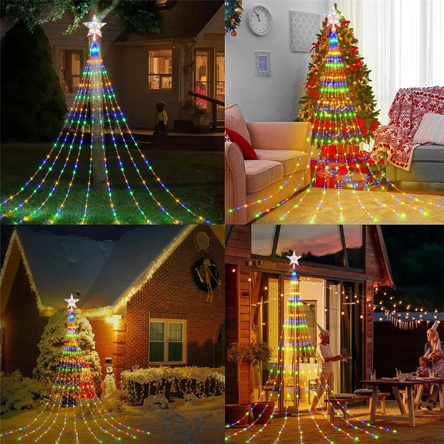 Cadena de luces de hadas navideñas para decoración de Año Nuevo, luces de jardín de cascada con estrellas remotas USB para exteriores, fiesta en casa y boda, 2025