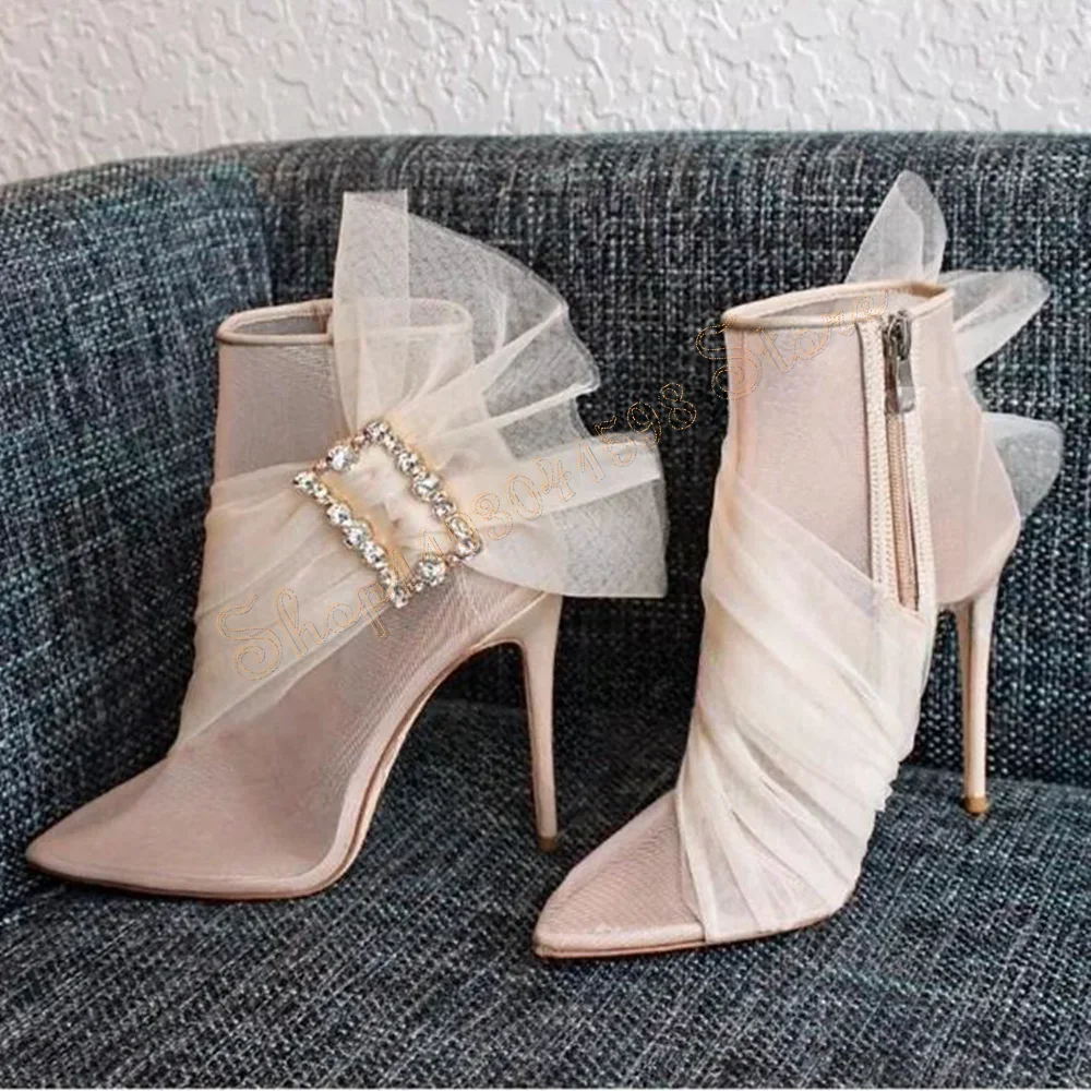 Gesp Decor Zijrits Mesh Laarzen Stiletto Hoge Hakken Enkelhoge Hak Schoenen voor Vrouwen Sexy Hakken 2025, Nieuwe Zapatos Para Mujere