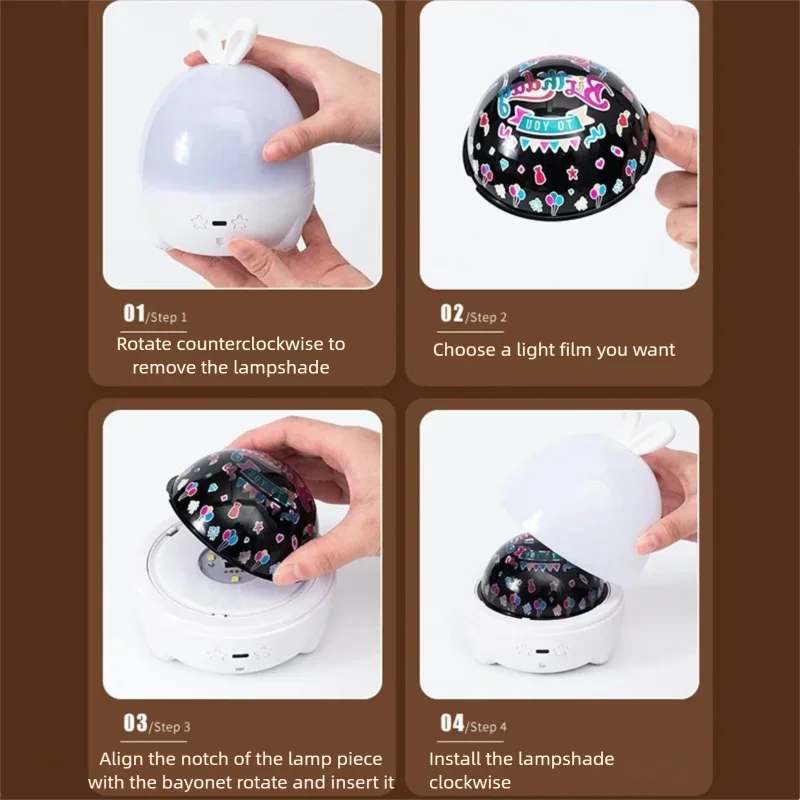 10 Films Rotating Projector Night Light with Music Box, Cute Rabbit Ear USB Mood Nightlight for Kids, Christmas Birthday Gifts