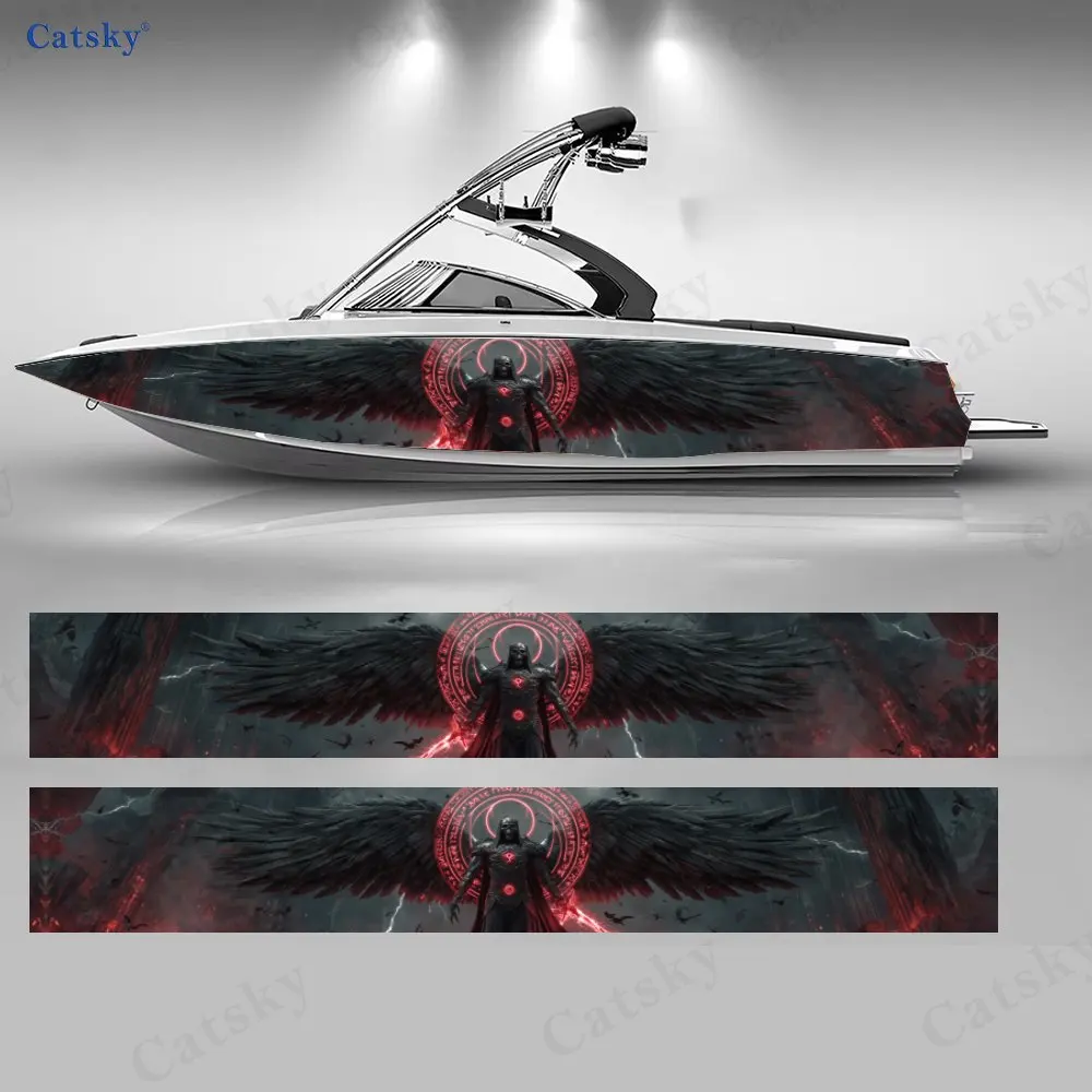 Dark Winged Demon Red Circle Boat Sticker, PVC Waterproof Durable Vinyl Wrap Decals for Fishing Boat, Durable and Stylish Design
