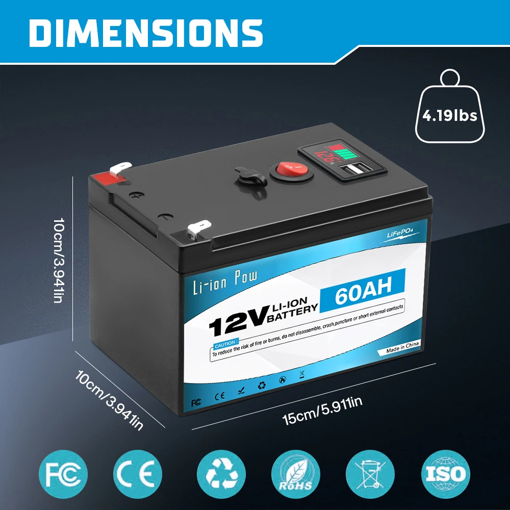 12V 60Ah Lithium LiFePO4 Deep Cycle Battery for Solar,Fish Finder, Power Wheels, Lighting, Off-Grid Applications Built-in BMS