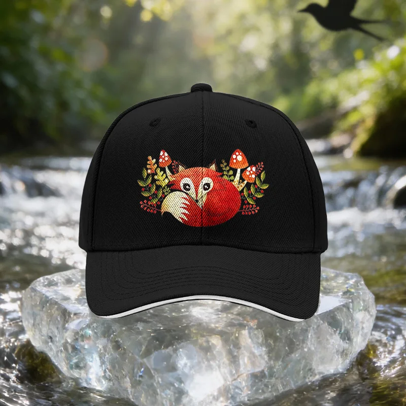 Red Fox Autumn Leaves & Mushroom Cap - Unisex Adjustable Baseball Hat with Watercolor Fox & Foliage, Lightweight Suitable for Tr