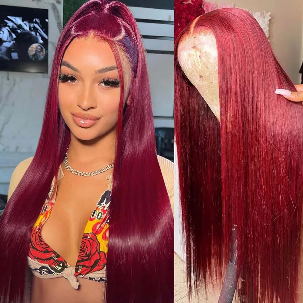 

30 34Inch 99J Straight 13x4 Lace Front Human Hair Wigs 13x6 Lace Frontal Wigs Red Burgundy Colored Brazilian Remy Wigs For Women