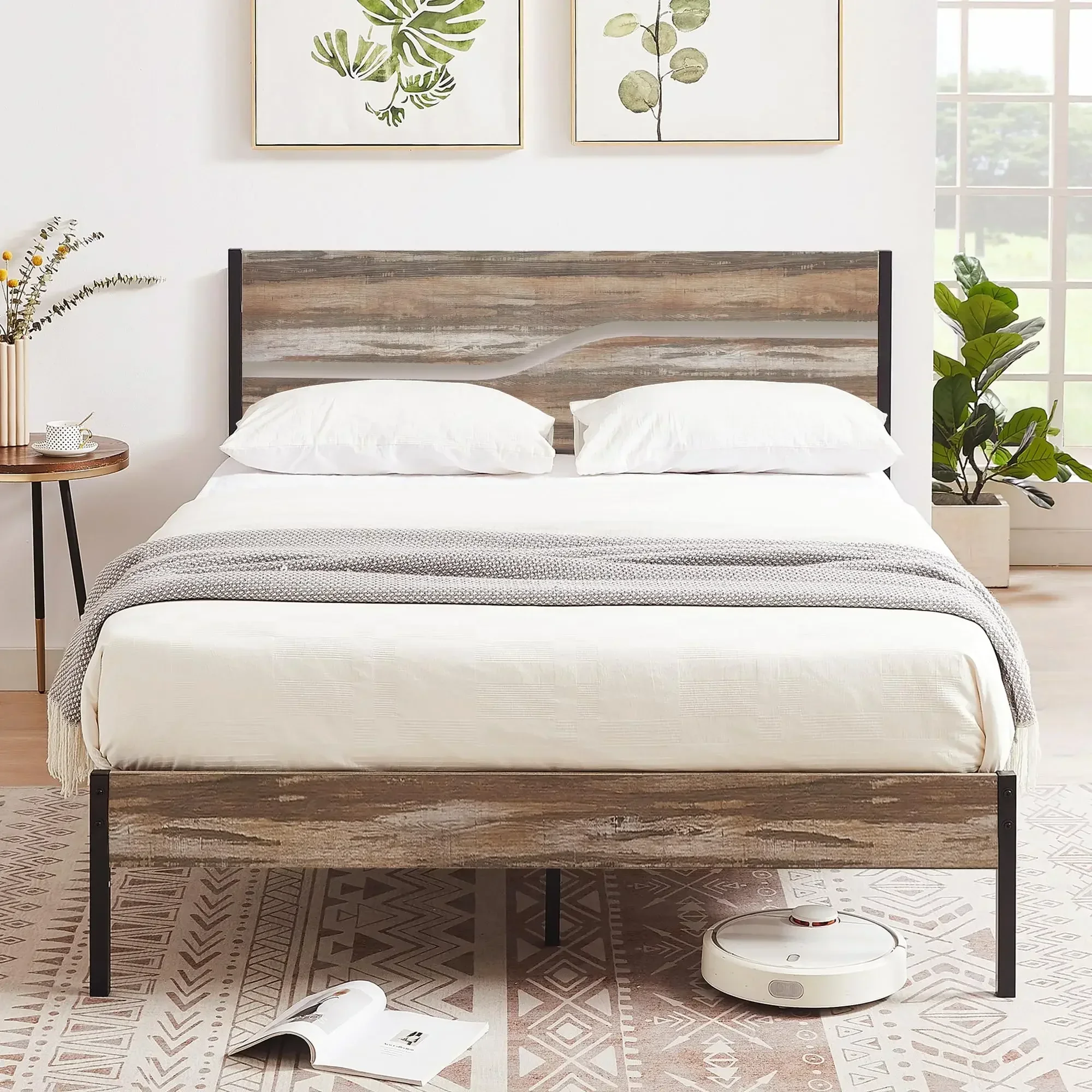 

A Queen Size Platform Bed Frame with Wood Headboard, Strong Metal Slats Support Mattress Foundation, No Box Spring Needed