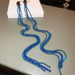 FYUAN Blue Rhinestone Earrings for Women Oversize Long Tassel Crystal Dangle Earrings Statement Jewelry