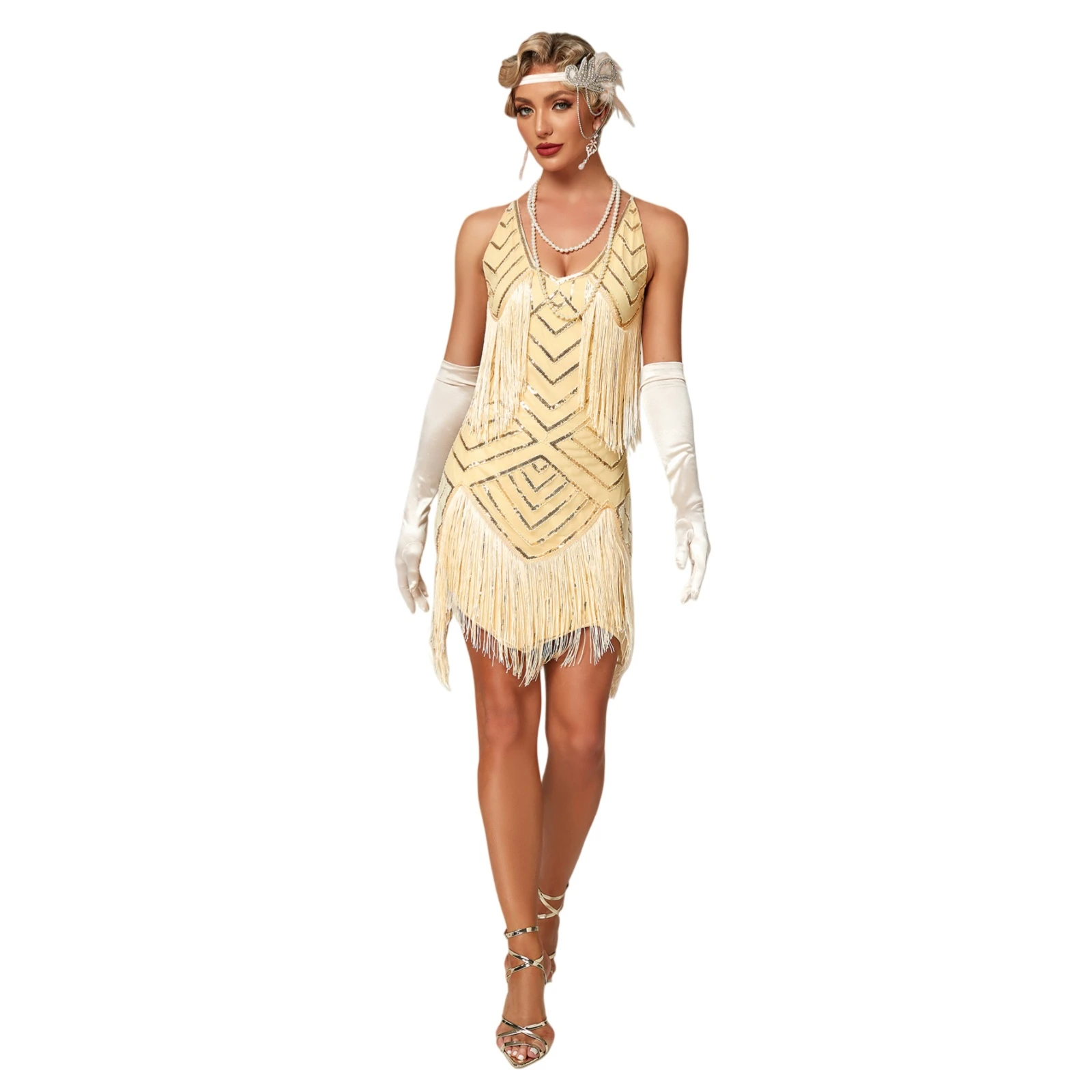 

AwwwCos 1920s Vintage Fringed Sequin Beaded Tassels Hem Flapper Dress for Women Evening dress Halloween Ball Party Costume