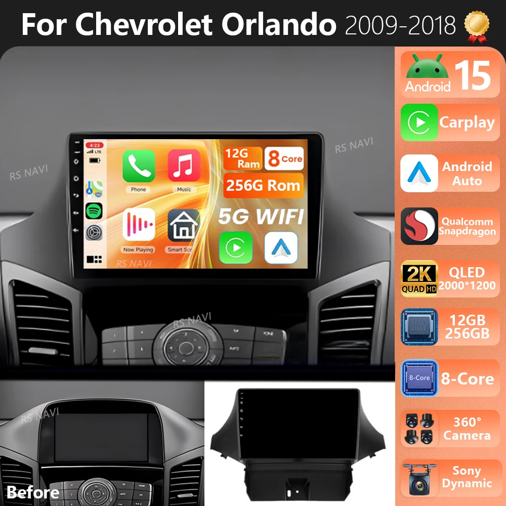 Plug and Play Android 15 For Chevrolet Orlando 2009 2010 - 2018 2K QLED Stereo Car Radio Multimedia Video Player GPS 4G CarPlay