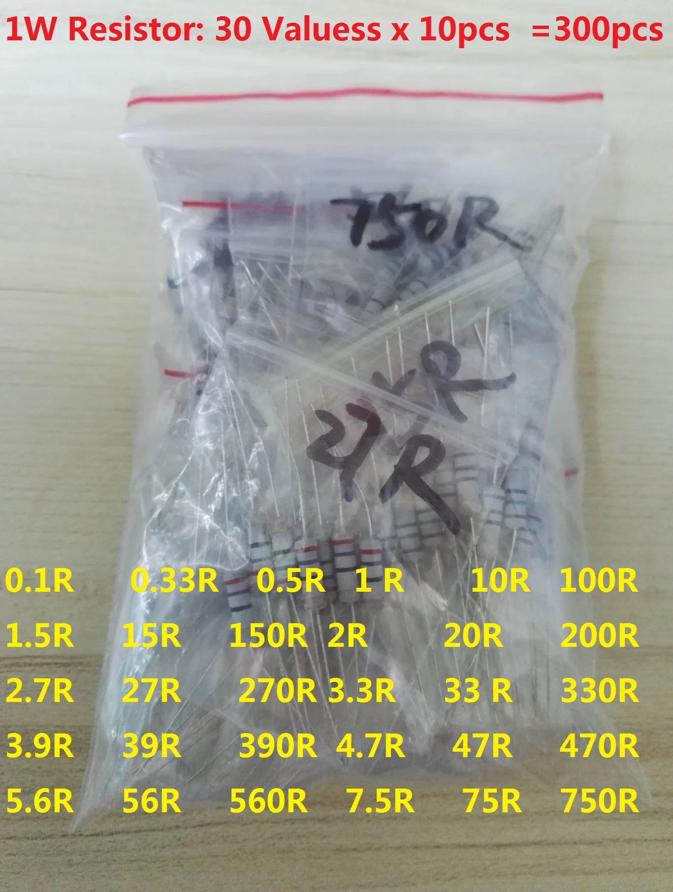 

300pcs Resistor Kit 1W 5% 30values X 10pcs Carbon Film Resistance 0.1-750 Ohm Set Metal 0.33 0.5 100 1.5 200 2.7 3.3 390 470 560