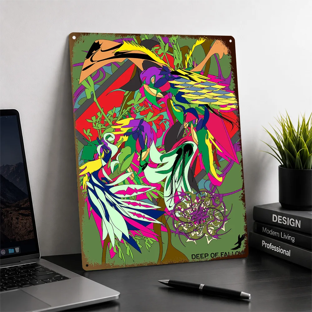 Abstract Digital Illustration With Birds And Flora Aluminum Poster Personalized Metal Sign Serene Vista Wall Art Fits Bedrooms