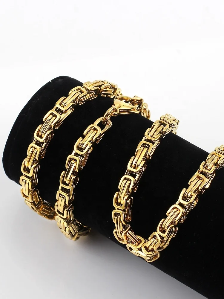 OUMI Hot Selling Fashion Mens Gold Plated Stainless Steel Chain Byzantine Link Necklace