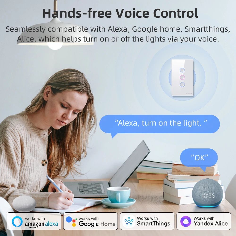 AVATTO Tuya WiFi Zigbee Wall Switch with 2.5D Touch Panel, Smart Home Light Switch US 1/2/3 /4 gang works for Alexa, Google Home