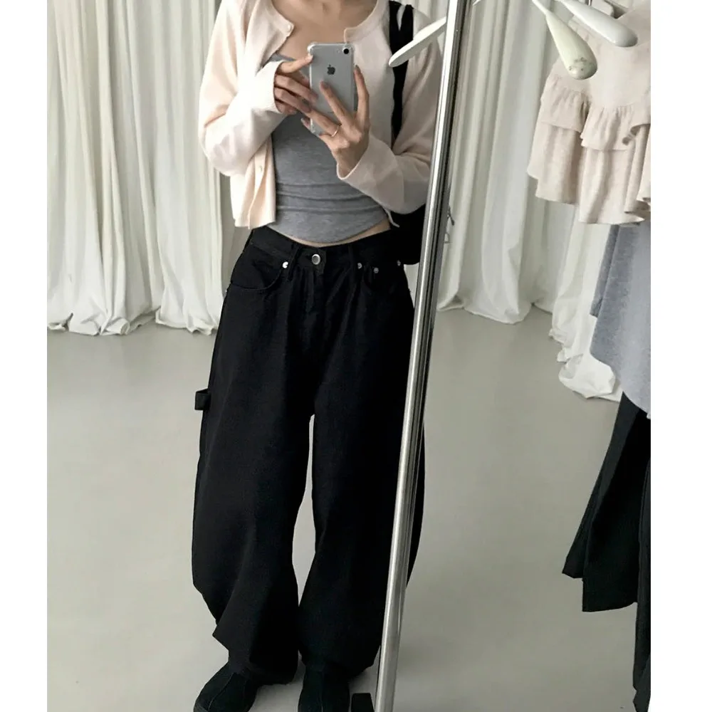 

Широкие повседневные джинсы с высокой талией, женские модные американские ретро-рабочие брюки, свободные брюки Bla, расшитые бисером