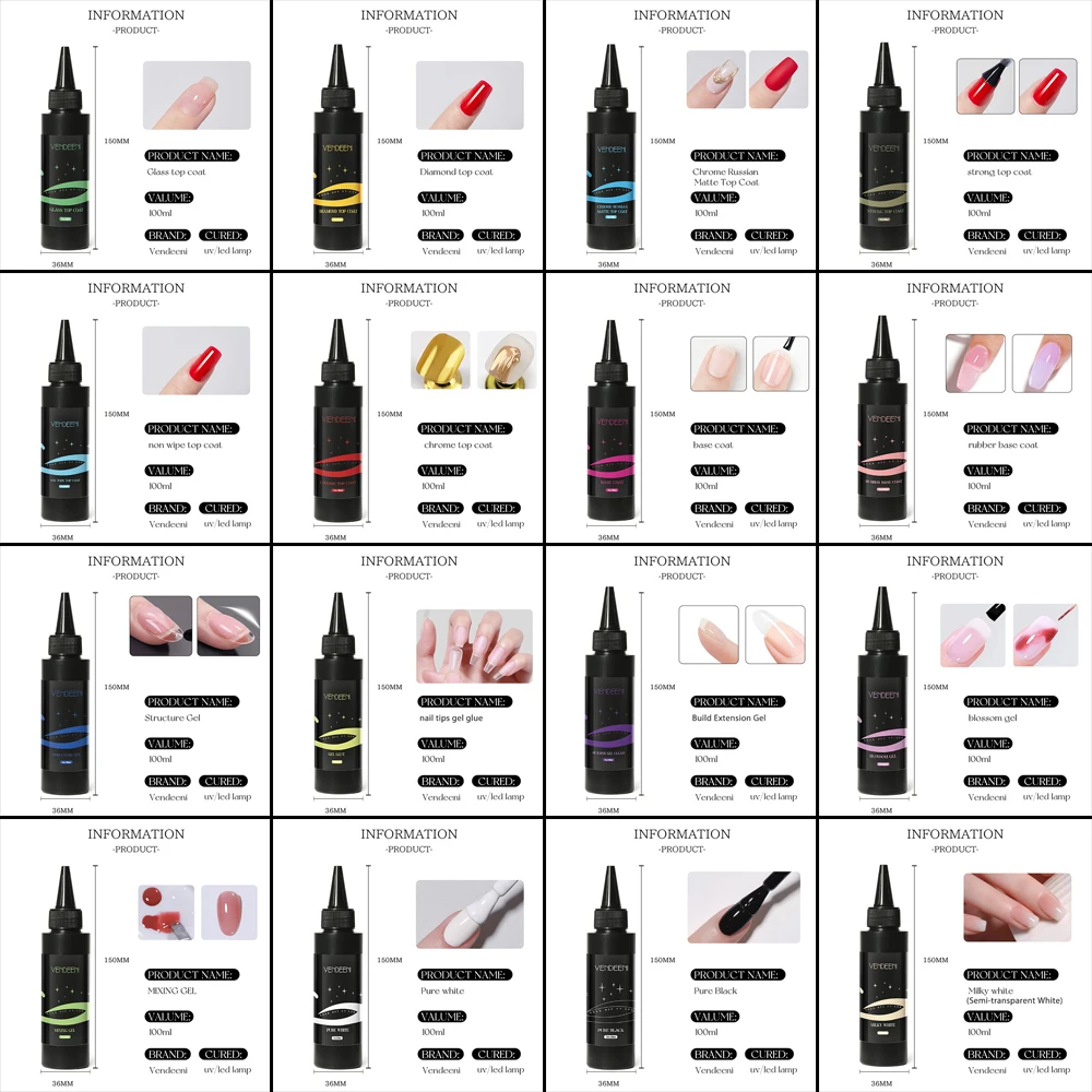 Vendeeni 17 tipos 100ml gel funcional unha polonês base superior revestimento cromo gel construir extensão gel preto branco gel tpo/hema livre