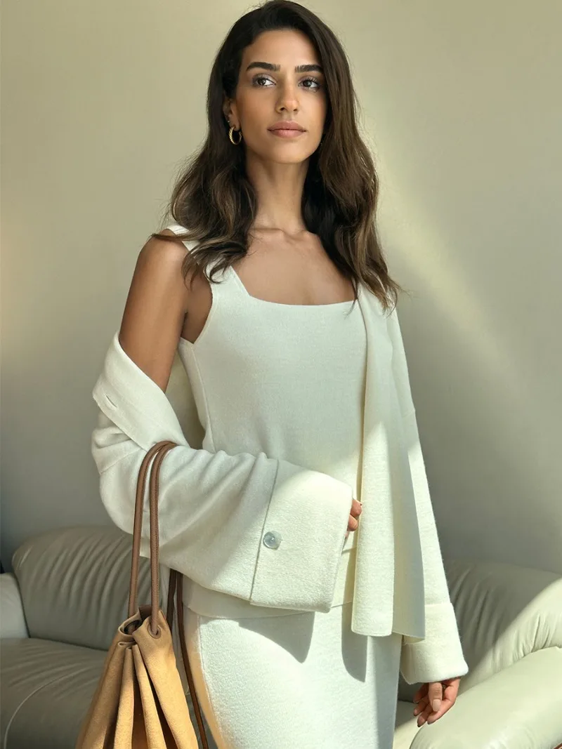2025 Fall Winter Solid Knitted 3 Piece Set Long Sleeve Single Breasted Cardigans + Tank Tops + Bodycon Maxi Skirts Sweater Suits