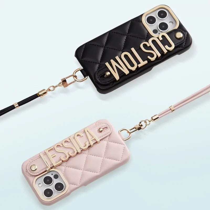 

Luxury Pu Leather Custom Name Letter Phone Case with Holder Personalized Lanyard Cover for IPhone11 12 13 14 15 ProMax Series