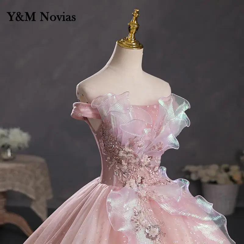 Y&m Novias Floral Print Shining Strapless Pink Quinceanera Dresses Ball Gown Flower Women Vestidos Debutantes 15 Anos plus Size