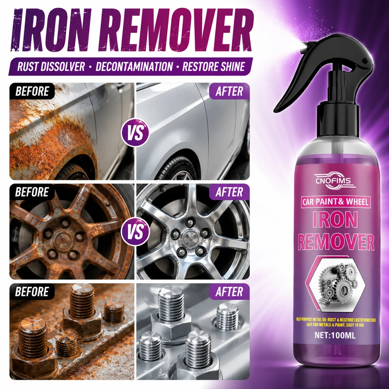 100ml Metal Rust Remover Spray for Wheel Hub Brake Drum Household Metal and Kitchen Appliance Cleaning