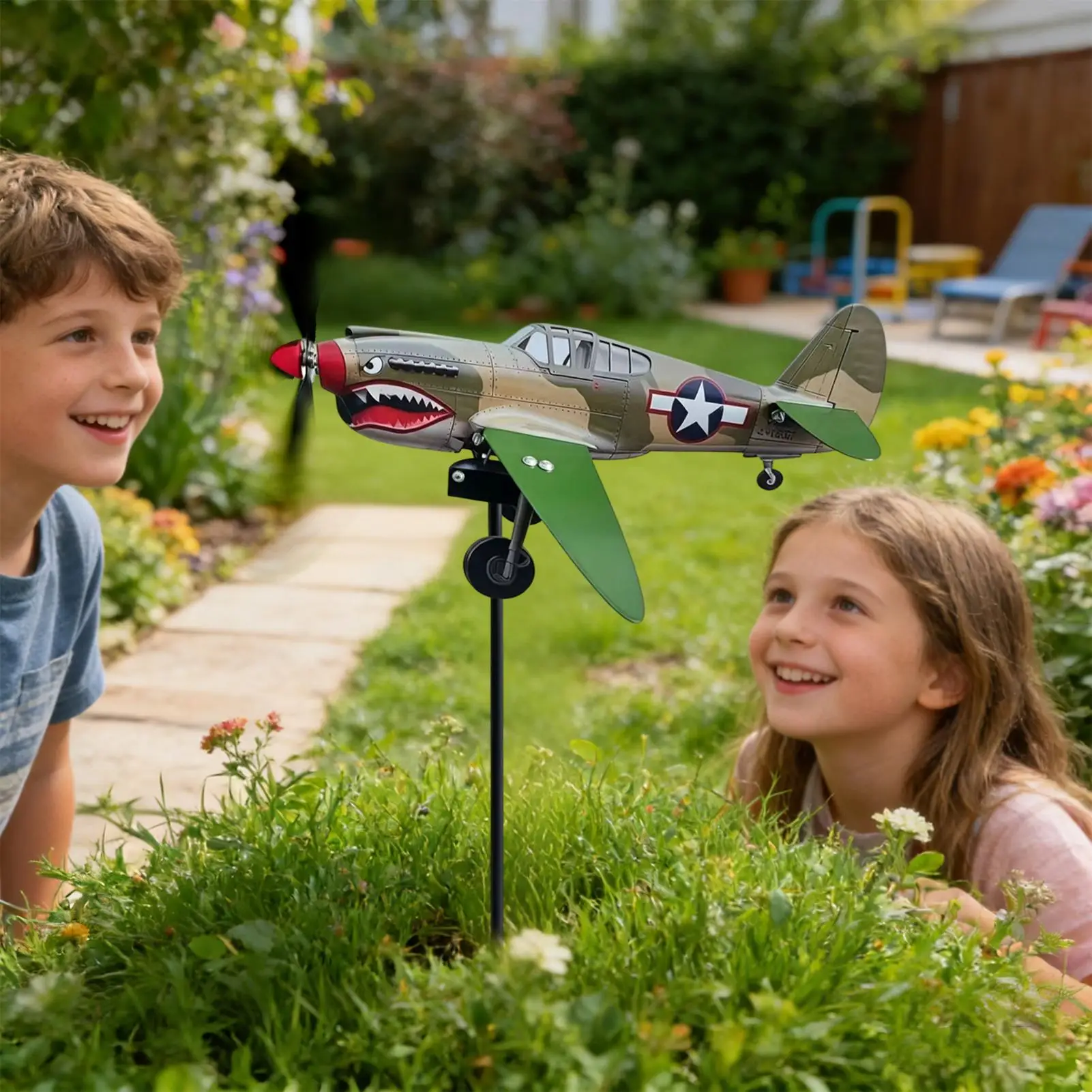 Garden Wind Spinners Funny Rotating Decorative Shark Mouth Fighter Garden Windmill Aircraft for Courtyard Garden Decoration