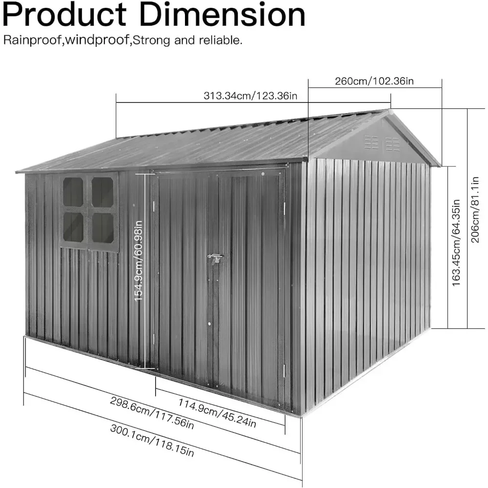 Abri de rangement extérieur, maison à outils utilitaire en métal anticorrosion avec évents verrouillables pour obturateur de porte, hangars de stockage pour HP extérieur