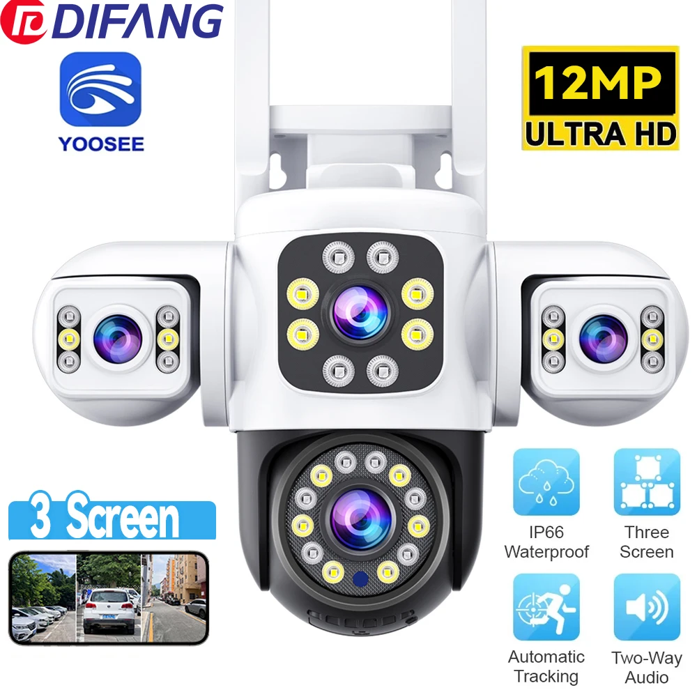 6K HD WiFi Camera Outdoor Security Protection Three Lens Three Screen Ai Tracking 12MP Video CCTV Cam Yoosee Security IP Camera