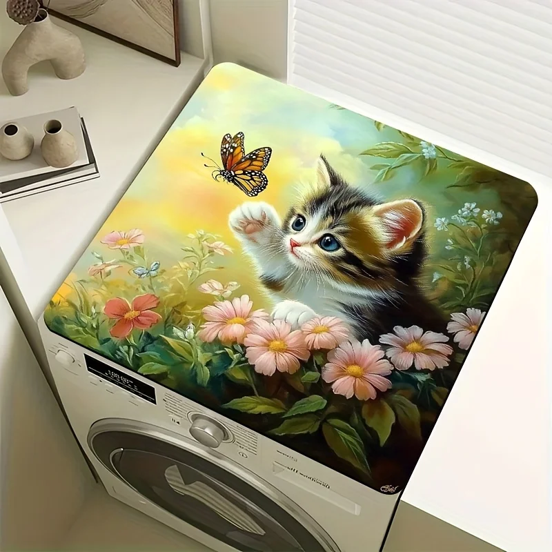 

1pc Dish Drying Mat & Washing Machine Mat - Cute Cat & Floral Design, Fits Most Washers/Dryers, Kitchen & Laundry Room Decor