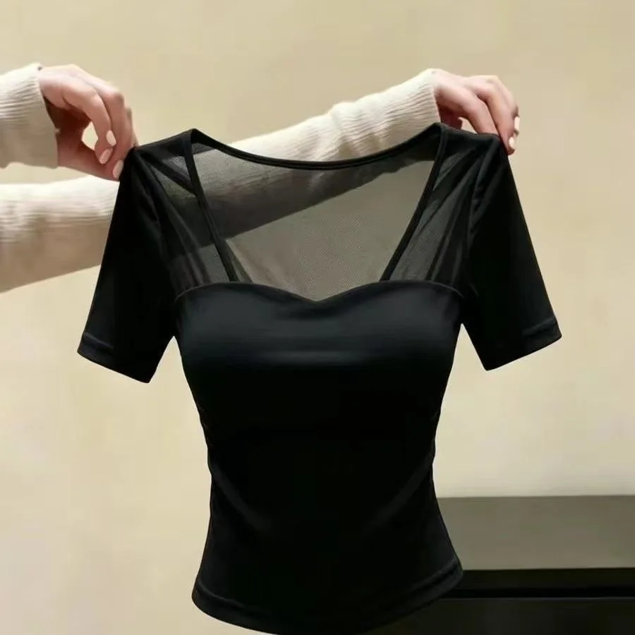 Sexy Mesh Splice Short Sleeve Cotton T-Shirt Women's Slim Fit Summer New Design Breathable Sweat Absorbent  Color Top