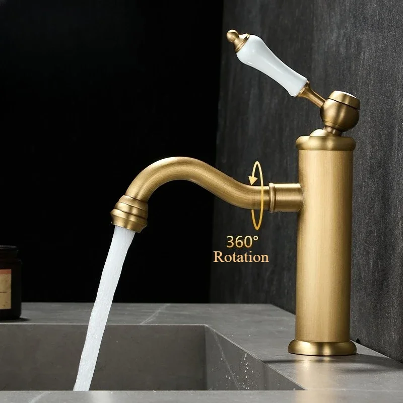 European-style vintage brass basin tap for bathroom vanity units, hot and cold water tap with splash guard