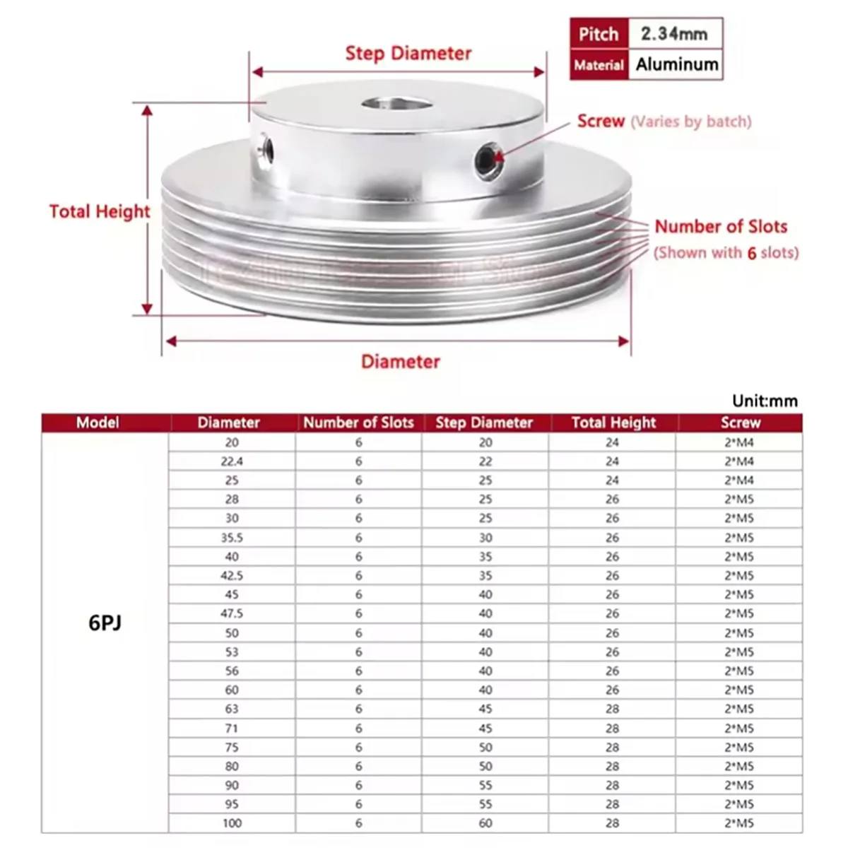 6PJ Belt Pulley Multi Wedge Wheel 6 Slots Motor Shaft 6 Peak Groove Timing Pulley Bore 10-40mm PJ53/56/60/63/71/75/80/90~100mm