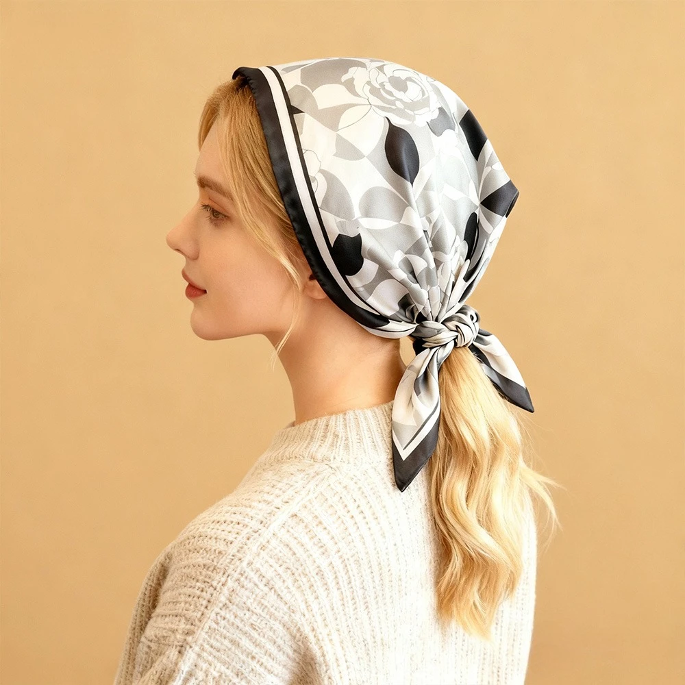 

68cm Geometric Rose Printed Scarf Women Autumn and Winter Polyester Fiber Scarf Warm Sun Protection Neck Shawl Hijabs for Woman