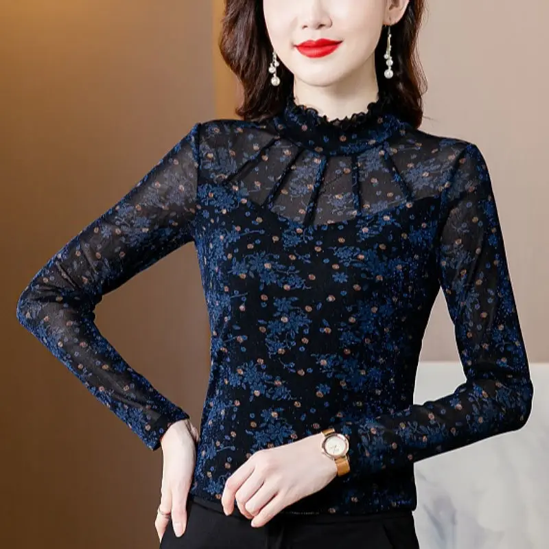 Retro Sexy Ruffle Mesh Lace Floral Print Elegant Fashion Ladies Tops Fall Winter Women\'s Long Sleeve Slim Basic T-shirt Clothing